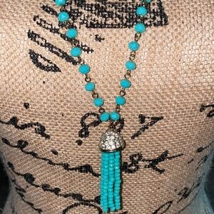 Gold and teal beaded necklace